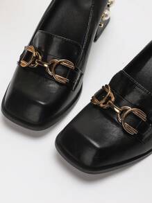 小码女式粗跟玛丽珍鞋，方头高跟鞋，加大码黑色性感优雅珍珠装饰派对高跟鞋