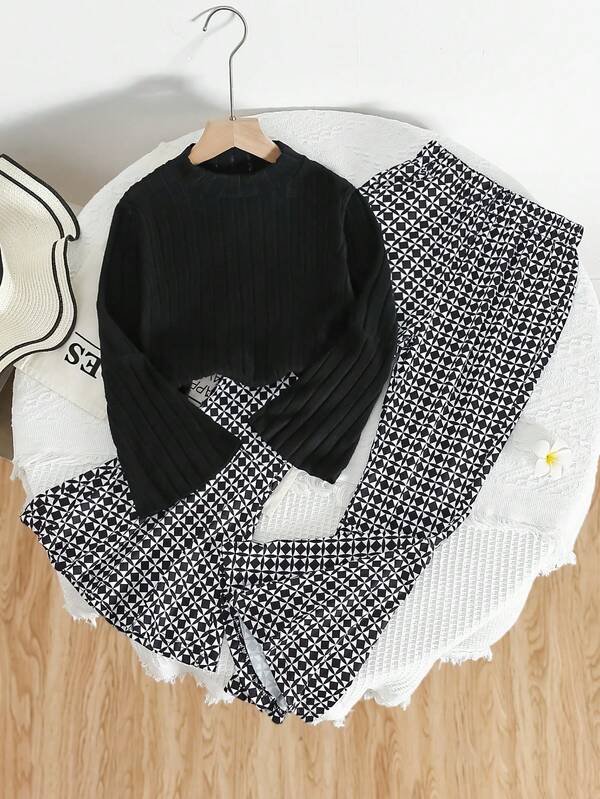 2pcs/Set Big Girls Ribbed Knit Top And Bell-Bottom Pants Set, Casual For Autumn