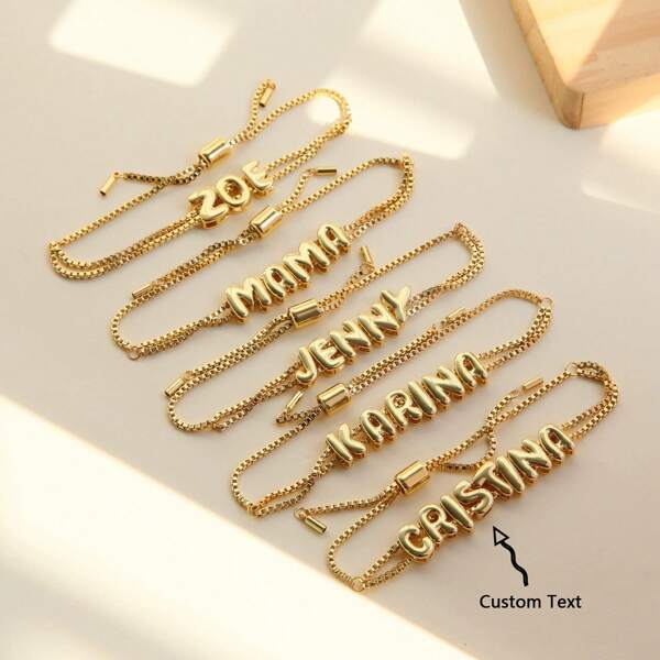 1pc Personalized 3D Bubble Name Adjustable Sliding Letter Bracelet, Suitable For Women's Daily Wear, Ideal Gift For Valentine's Day, Mother's Day, Anniversary - Gold, Fashionable, Colorful, Retro, Hiphop, Simple, Y2K, 2000s Style, Customized, Personalized, Unique, Ideal Gift For Him, Her, Boyfriend, Girlfriend, Dad, Mom, Family, Friends, Birthday, Graduation, Prom, Party, Women Jewelry