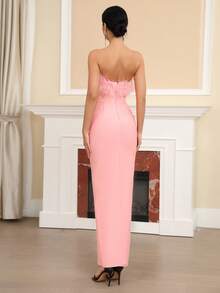 Sexy Off-The-Shoulder Sleeveless With Fake Feathers Backless Bodycon Long Bandage Holiday Party Dress Wedding Guest Bridesmaid Dress Birthday Party Elegant Ladies Formal Dinner Dress Skirt - Pink - View 7