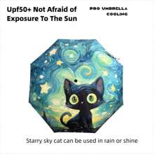 1pc New Cute Van Gogh Cat Folding Umbrella, Dual-Use Sunshade & Rainproof Umbrella, Automatic, UV Protection, Fashionable Black Cat Pattern, Thick Anti-UV Foldable Travel Umbrella For Men & Women, Students