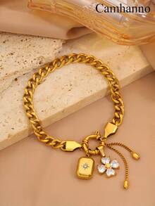 Camhanno 1pc Elegant And Fresh Gold Stainless Steel Bracelet With Unique Flower Pendant Design, Exquisite And Ideal Gift, Non Fading Jewelry, Fashionable And - Gold - View 2