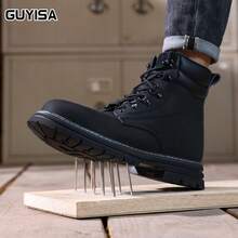 GUYISA 钢头安全鞋，防砸防刺穿丝滑皮革高帮，时尚四季男士软质采矿和建筑靴