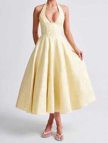 Women Jacquard Halter Dress Elegant Low Cut Sleeveless Open Back A-Line Long Dress For Evening Party Club - Màu vàng - Xem 4