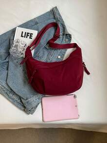 lulu kewen This Fashionable Colorful Nylon Waterproof Shoulder Bag Features A Simple And Casual Collegiate Design, With A Wide Strap, Multiple Zipper Openings, Suitable For Students, Shopping, Daily Use, And Also Makes A Great Student Shoulder Bag. - Burgundy - View 11