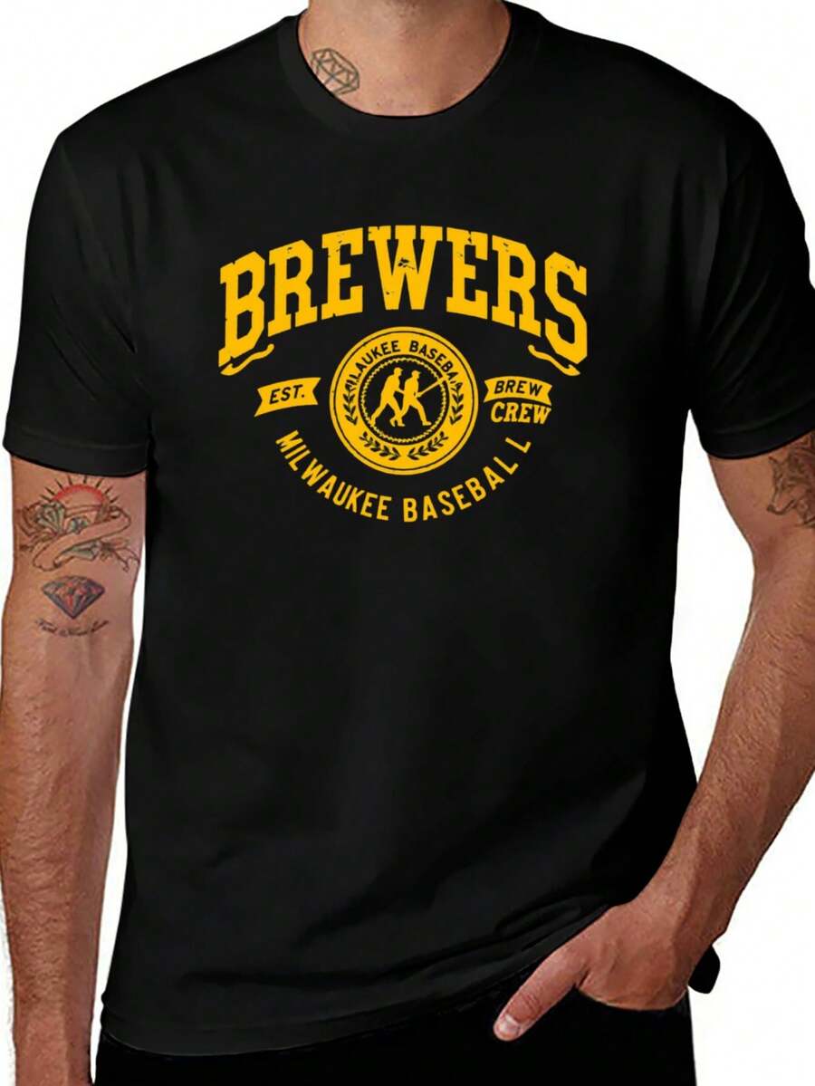 Brewers Vintage Baseball T-Shirt Men's Short Sleeve Graphic Tee - màu đen - Xem 1