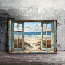 1pc Wooden Framed Canvas Painting -  Beach View Through Rustic Window, Ready To Hang Al Wall Art With Wrapped Canvas Frame, Perfect For Living Room, Bedroom, Kitchen Decor - I Gift For Her Or Him, Beach Theme Decor - 藍色 - 查看 2