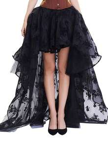 Women Irregular Ruffle Hem Skirt, Floral Embroidery Elastic Waist Tulle Skirt for Summer - Negro - Ver 2