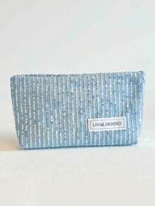 时尚闪光牛仔化妆包；高品质便携式高端大容量收纳包便携式旅行化妆刷收纳化妆包大号化妆包女士旅行沐浴淋浴收纳化妆包护肤化妆品、钱包、小物品收纳、旅行必备套装日常办公室通勤、情人节、圣诞节、感恩节、伴娘婚礼用品