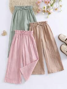 3pcs/Set Girls Casual Straight Leg Pants, Cotton Fabric With Elastic Waist, Suitable For Spring, Summer, Autumn - Multicolor - View 1