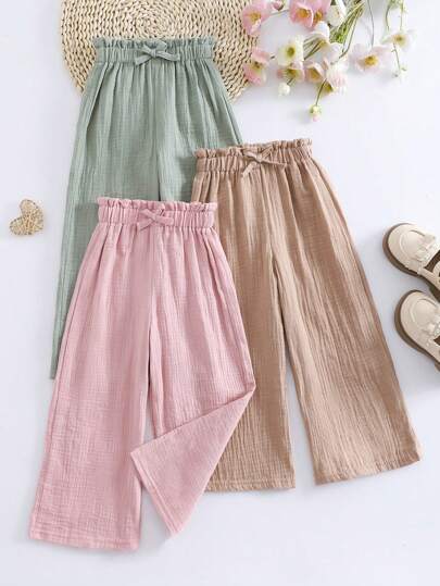 3pcs/Set Girls Casual Straight Leg Pants, Cotton Fabric With Elastic Waist, Suitable For Spring, Summer, Autumn