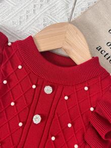 1pc Young Girl Sweet Cute Lace Collar Knitted Dress, Young Girl Button Color Blocking Ruffle Hem Sweater Dress, Autumn/Winter