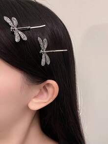 2pcs Elegant Chic Vintage Court Style Metal Dragonfly Hair Clips, 5cm/1.97in Alloy Dragonfly Hair Accessories, Suitable For Ladies' Daily Wear, Makeup, Bathing, Commuting, Vacation, Dating, School, Party, Festival, Gift, Flat Claw Clip, Snap Clip, Hair Slide, Hair Claws, Head Accessories, Hairpin, Bobby Pins - Antique Silver - View 4