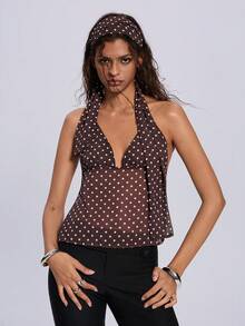 ROMWE Women's Polka Dot Print Sexy Lace Up Camisole Graphic Tees Women Tops - Coffee Brown - View 3