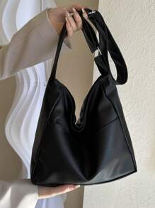 Solid Color PU Fabric Simple Large Capacity Handbag, Solid Color Casual Shoulder Bag, Women's Multifunctional Fashionable Portable Handbag, Retro Wide Shoulder Strap Square Bag, Fashionable Travel Shopping Bag, New Business Leisure School Commuting Shoulder Bag