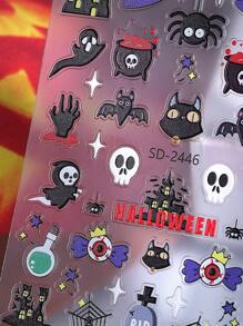 2 PIEZAS Pegatinas de uñas con relieve 5D espeluznantes para Halloween con gato negro, telaraña, murciélago, negro oscuro, decoraciones de uñas autoadhesivas tipo slider góticas Y2K para decoración de manicura en festividad de Halloween