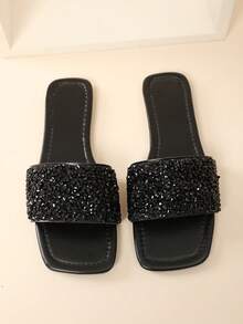 Bling-Bling 全球畅销镂空露趾舒适透气宽楦凉鞋，黑色平底凉鞋，女士款，适合休闲、居家、户外、海滩、浪漫约会、度假、春夏穿搭。 - 黑色 - 查看 4