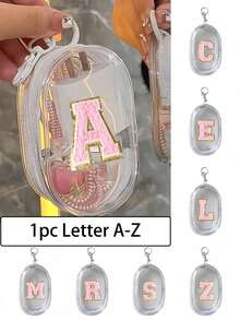 1PC Portable Mini Transparent Zipper Storage Bag, Embroidered Letters A-Z On Pink Towels, Compact Multifunctional Storage Device, Headphone And Charger Case With Keychain, Transparent Travel Accessories, Exquisite And Compact, Suitable For Storing Small Items, Data Cable Storage Bag, Bracelet Bag, Accessory Storage Bag, Very Suitable For Giving Gifts To Female Friendscable Organizer - Multicolor - View 1