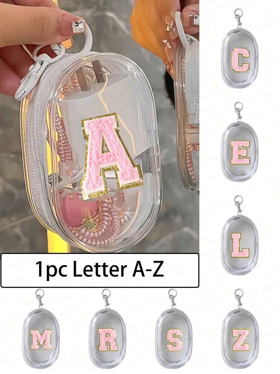 1PC Portable Mini Transparent Zipper Storage Bag, Embroidered Letters A-Z On Pink Towels, Compact Multifunctional Storage Device, Headphone And Charger Case With Keychain, Transparent Travel Accessories, Exquisite And Compact, Suitable For Storing Small Items, Data Cable Storage Bag, Bracelet Bag, Accessory Storage Bag, Very Suitable For Giving Gifts To Female Friendscable Organizer - Multicolor - View 1