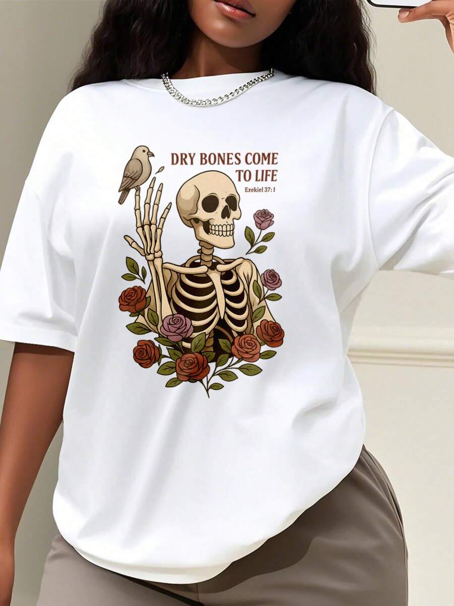 Oversized Style For Women, Fashion Dry Bones Come To Life Skeleton T-Shirt With Roses And Bird Graphic, Oversize Type Shirt For Women, Perfect For Holiday Parties Or Gift Giving, Soft And Comfortable - trắng - Xem 1