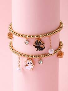 Set de 2 pulseras elásticas con encantos de gato de dibujos animados y perlas, regalo de joyería ideal para hermanas y mejores amigas