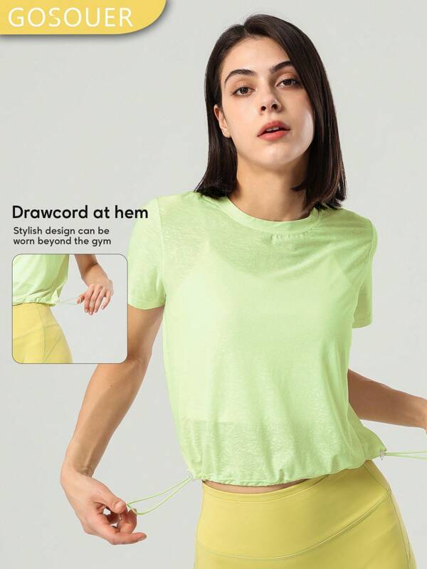 GOSOUER Summer Women's Jacquard Round Neck Loose Adjustable Drawstring Sports Fitness Vest Quick Dry Yoga Top T-Shirt