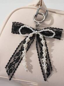 1 件蕾丝蝴蝶结和珍珠钥匙扣钱包吊坠 Y2K 串珠包饰鞋饰蝴蝶结装饰背包装饰蝴蝶结钥匙扣适用于包包汽车配件女士 - 黑色 - 查看 6