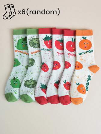 6 Pairs Women Mid-Calf Socks With Random Cute Vegetable Prints, Tomato Design