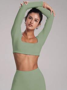 FWH 短款长袖上衣 + 褶皱短裤，第二层肌肤裸感收腹提臀塑身短裤，裸感面料，适合普拉提/健身提臀短裤，深蹲防摔，适合瑜伽/舞蹈露背瑜伽套装 - 綠色 - 查看 8