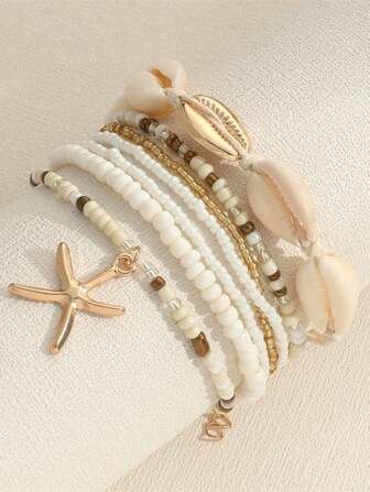 A Set Of 7 Pieces/Set Bohemian Style Ladies' Pearl Bracelets And Ankle Bracelets, With Shells, Pearls, And Star Pendants (Pearl Colors Are Matched Randomly) Valentine's Day Accessories