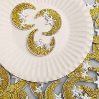 10pcs Moon & Star Embroidered Patches, DIY Sewing Decorative Appliques For Clothes, Bags, Hats, Jackets