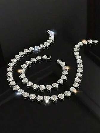 LIGHTSOME Crystal Inlaid Heart Shaped Chain Necklace And Bracelet Set, Women's Elegant Hiphop Cuban Chain Diamond Heart Necklace, Shiny Party Jewelry, Suitable For Women, Daily & Occasion Wear, Christmas Gift, Available In Multiple Sizes
