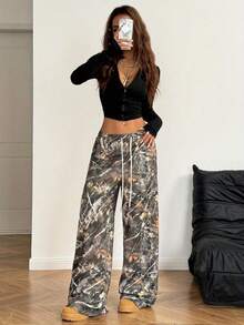 Drawstring Waist Camouflage Printed Wide Leg Drag Pants - Dark Brown - Tan - View 4
