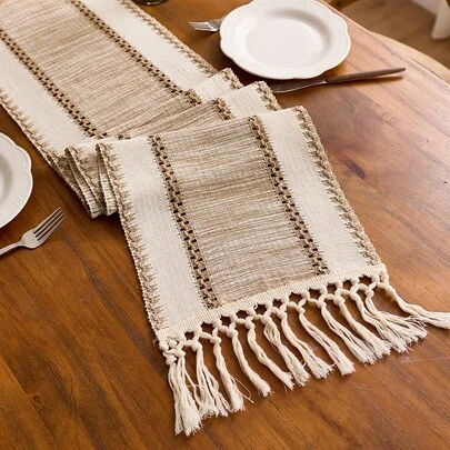 Boho Striped Khaki Table Runner: Handwoven With Tassels, Suitable For Spring Dining Tables, Round Coffee Tables And Farmhouse Decor, Perfect For Wedding Receptions, Outdoor Parties And Valentine's Day Decorations. Rectangular Design Fits Home And Dining Room Decor, Can Be Used As Kitchen Dining Table Centerpiece, Decorative Tabletop Accessory And Rustic Farmhouse Decor. Beautifully Woven And Durable.