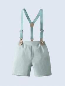 Conjunto de 2 peças para bebê menino estilo cavalheiro - Camisa de manga curta com gravata borboleta e bermuda verde com suspensórios, roupa formal elegante adequada para festas de aniversário de um mês, casamentos e cerimônias. - Verde - Ver 5