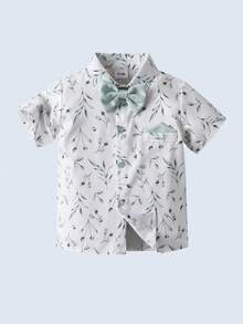 Conjunto de 2 peças para bebê menino estilo cavalheiro - Camisa de manga curta com gravata borboleta e bermuda verde com suspensórios, roupa formal elegante adequada para festas de aniversário de um mês, casamentos e cerimônias. - Verde - Ver 6