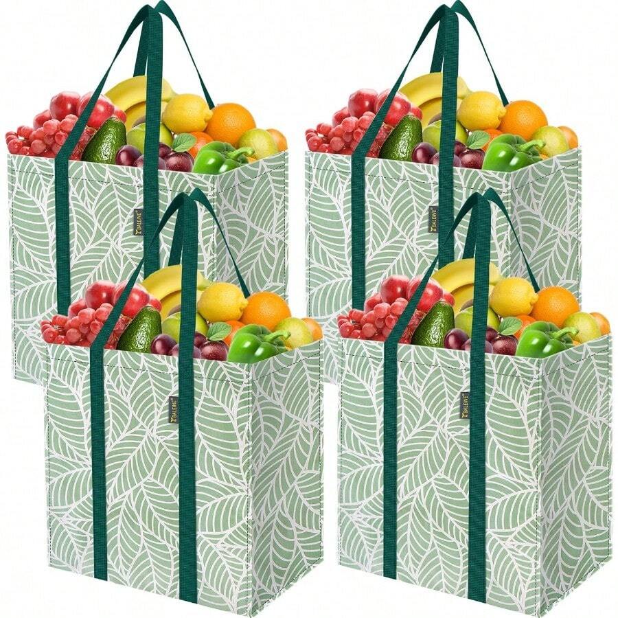 BALEINE 4 PK Grocery Bags Reusable Shopping Bags With Reinforced Botto Heavy Duty Foldable Tote Bags Antique Folidage - Cổ Lá - Xem 1