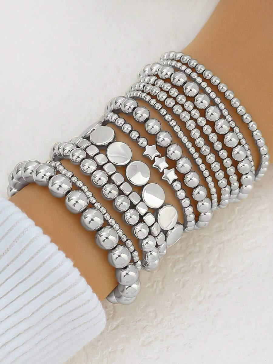 Set de 13 pulseras de moda con cuentas de CCB - Pulseras elásticas con diseños geométricos, redondos y estrellados para mujeres - Plateado - Ver 1