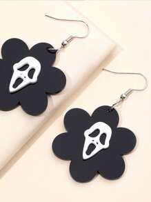 1 par de brincos de acrílico engraçados com rosto de fantasma branco e flor preta para mulheres, para festa de Halloween e Dia de Todos os Santos, acessórios de joias