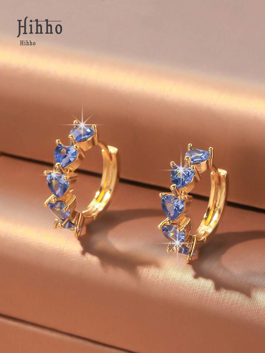 Hihho 1 对时尚优雅简约蓝色闪亮锆石环状耳环，适合女孩的个性化珠宝，情人节或派对礼物