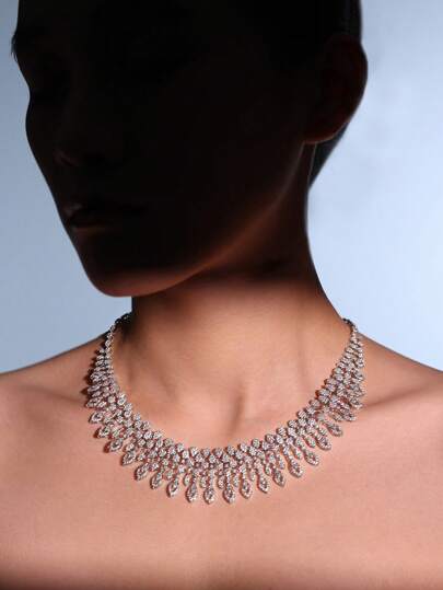 4pcs/Set Women's Fashion Silver Cubic Zirconia Luxurious Wedding Evening Necklace, Earrings, Bracelet, Open Ring For Daily Or Party Wear