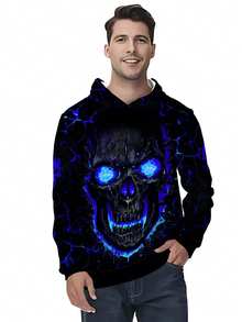 万圣节骷髅高清3D印花连帽衫，男士休闲弹力连帽卫衣，春秋季运动服，100%涤纶，轻薄面料 - 彩色 - 查看 3