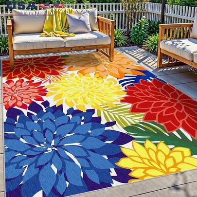 Washable Multicolored Floral Area Rug Non-Slip Outdoor Carpet High Quality Chenille Tropical Design Patios Decks Gardens