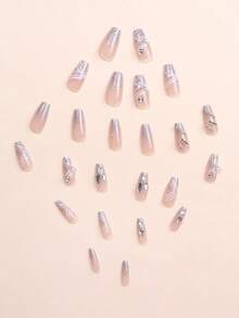 24 件长棺材风格按压指甲，华丽奢华的法式渐变珍珠美甲，蝴蝶水钻装饰，新娘假指甲，日式美甲风格，包括 1 件果冻凝胶和 1 个指甲锉，适合女孩和女士 - 彩色 - 查看 5