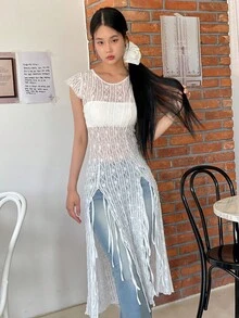 ROSIE POPHUB Women Sleeveless Lace Sheer Cover‑Up Dress, Round Neck Fringe Slit Long Mesh Tunic Top, Y2K Summer Casual Streetwear - White - View 3