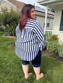 Enliva Jennifer_samantha_style Plus Size Striped Shirt With Notched Collar And Rolled-Up Sleeves, Summer, For Apple Rounded Body Shape - Multicolor - View 8