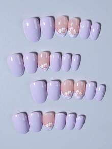 24片椭圆形紫红色花朵美甲贴纸，带闪光设计，浅紫色法式亚克力按压式美甲贴片，包含1片果冻胶和1个指甲锉，易于粘贴，适合夏季美甲和法式美甲，是女性和女孩日常、派对和其他场合的理想之选。