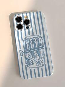 1 Pc Simplistic Cartoon Sardine Striped Pattern Hard Phone Case, Perforated Glossy Finish Protective Cover Compatible With Iphone11/12/13/14/15/16 Pro Max Waterproof Shockproof Anti-Fall Scratch Resistant - Multicolor - View 2