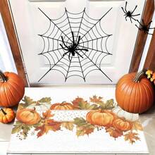 1pc Autumn Yellow Pumpkin & Maple Leaf Print Faux Wool TPR Base Entrance Mat, Bathroom Mat, Kitchen Mat, Laundry Room Mat, Holiday Atmosphere Decor, Home Decor, Party Decor, Wedding Decor, Dining Decor