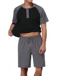 Men's Cotton Pajamas Sets V Neck Lounge Set Sleepwears With Pockethalloween - Black Color Block - View 3
